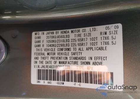 2009 Honda Cr-V Lx из США, поврежденный, VIN JHLRE48319C015930